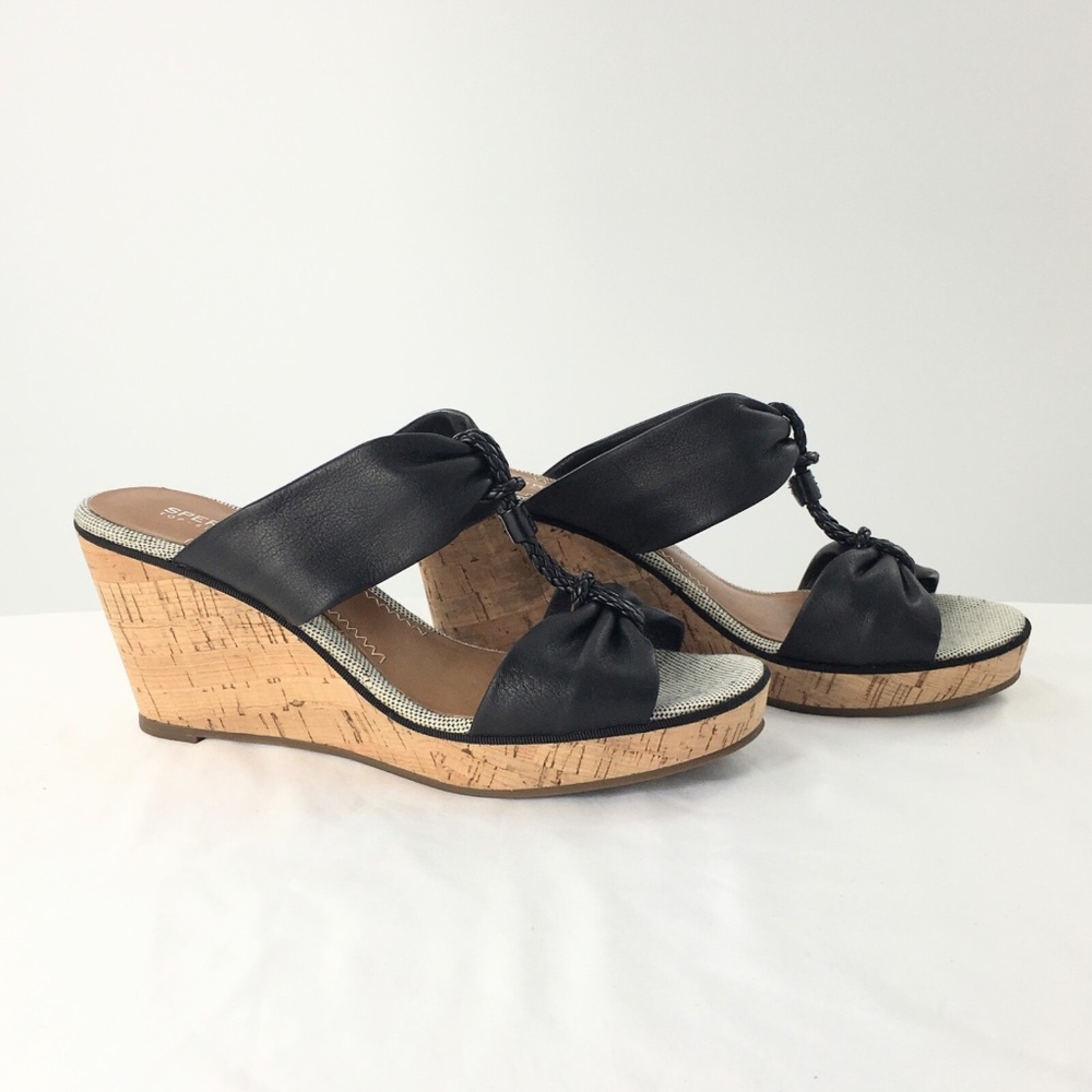 Sperry Top-Sider High Heel Sandals 9549718 Black Leather Cork Wedge Slide Sz 8M